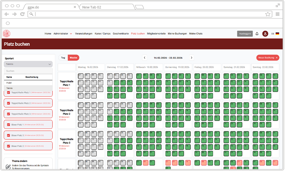 Screenshot der MEMBA-Platzbuchungsansicht mit Wochenkalender für Tennisplätze – entwickelt von soft-park für die digitale Vereinsverwaltung