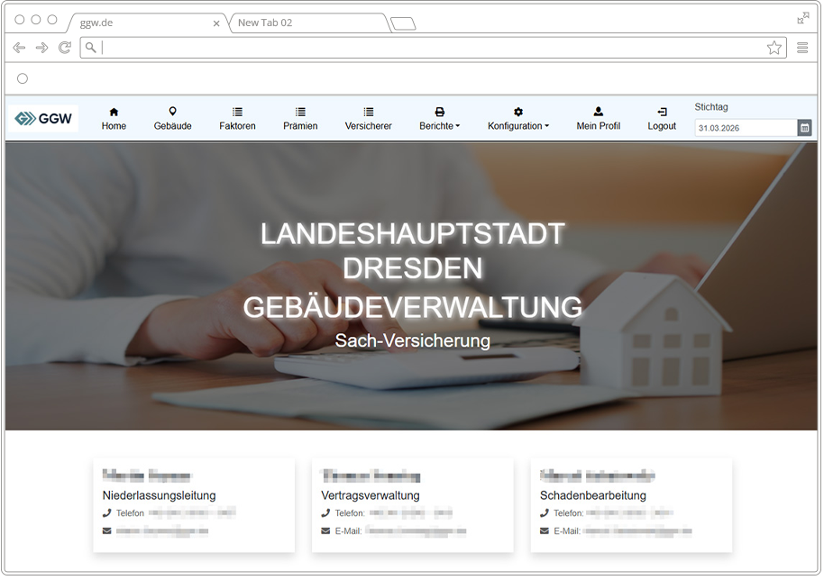 Screenshot der GGW-Gebäudeverwaltungs-Webapplikation, entwickelt von soft-park, mit Bereichen für Gebäude, Prämien, Versicherer und Schadenbearbeitung