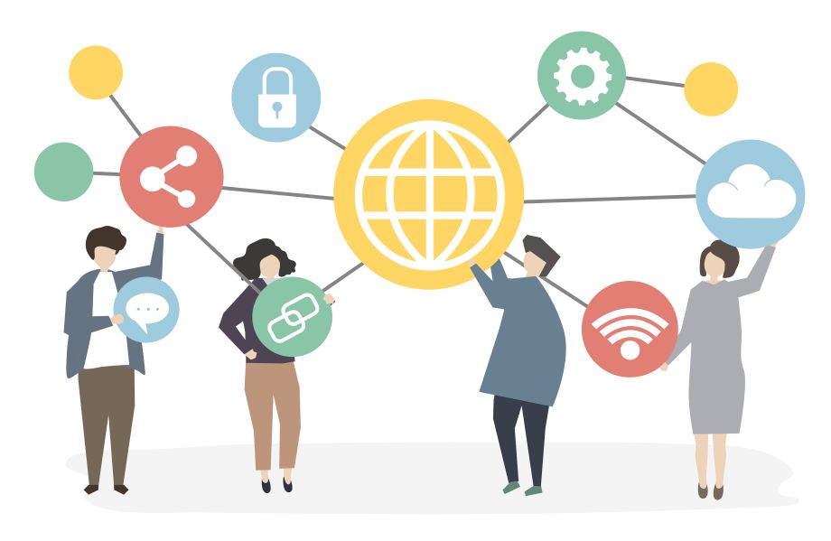 Illustration von vier Personen, die gemeinsam ein digitales Netzwerk mit Icons für Cloud, Sicherheit, WLAN und Kommunikation halten