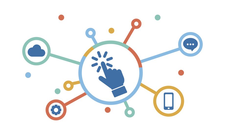 Illustration eines vernetzten digitalen Ökosystems mit Icons für Cloud, Mobile, Kommunikation und Einstellungen